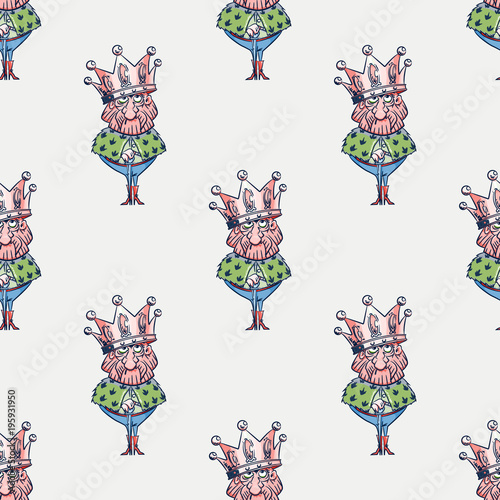 King wearing huge crown seamless pattern. Cartoon style pattern design.