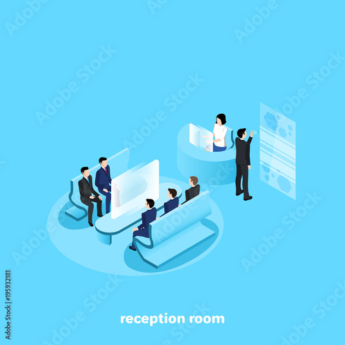 men in business suits are sitting in the waiting room for an interview, an isometric image