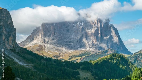 Time Lapse of Dolomites Italy landscape. Sassolungo Langkofel Group, Western Dolomites travel and outdoor acticity. Breathtaking sunrise landscape and travel in Northern Italy. photo