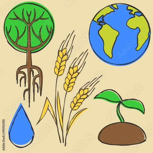 Set of eco-friendly sketches, emblems, diet, vegetarianism
