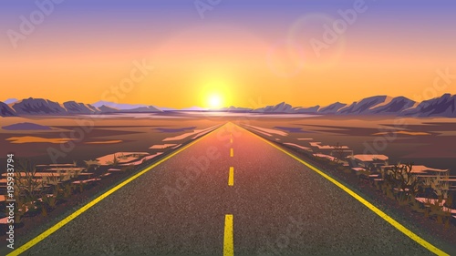Road in the desert. A scene in perspective. Sunset