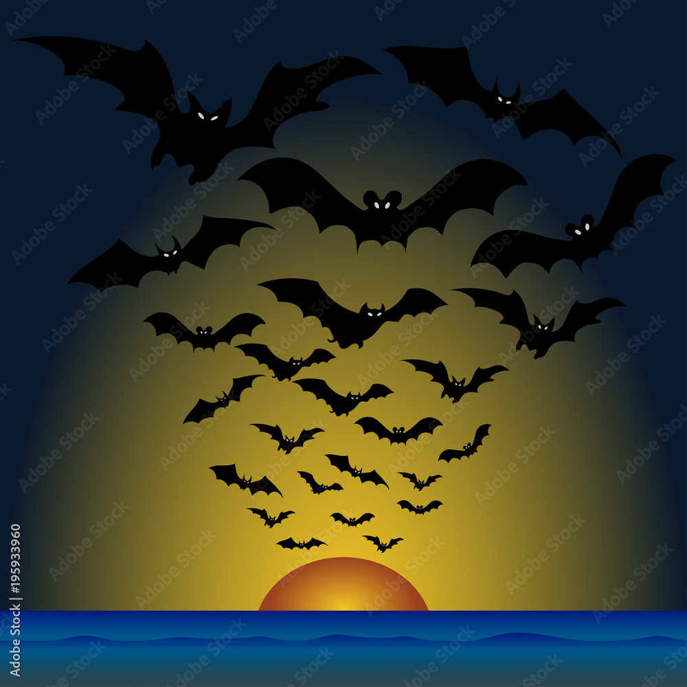 Flock of bats at sunset, happy Halloween