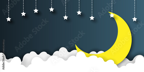 Night scene with clouds,stars and crescent moon on midnight sky background paper art style design.Vector illustration.