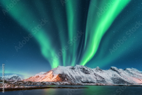 Aurora borealis. Lofoten islands, Norway. Aurora. Green northern lights. Starry sky with polar lights. Night winter landscape with aurora, sea with sky reflection and snowy mountains.Nature background