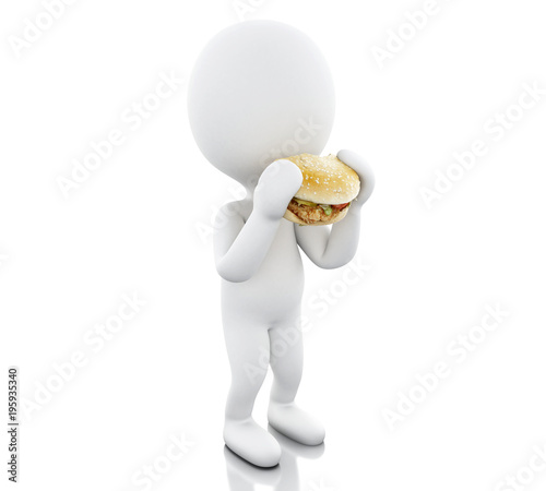 3d White people eats the big hamburger.