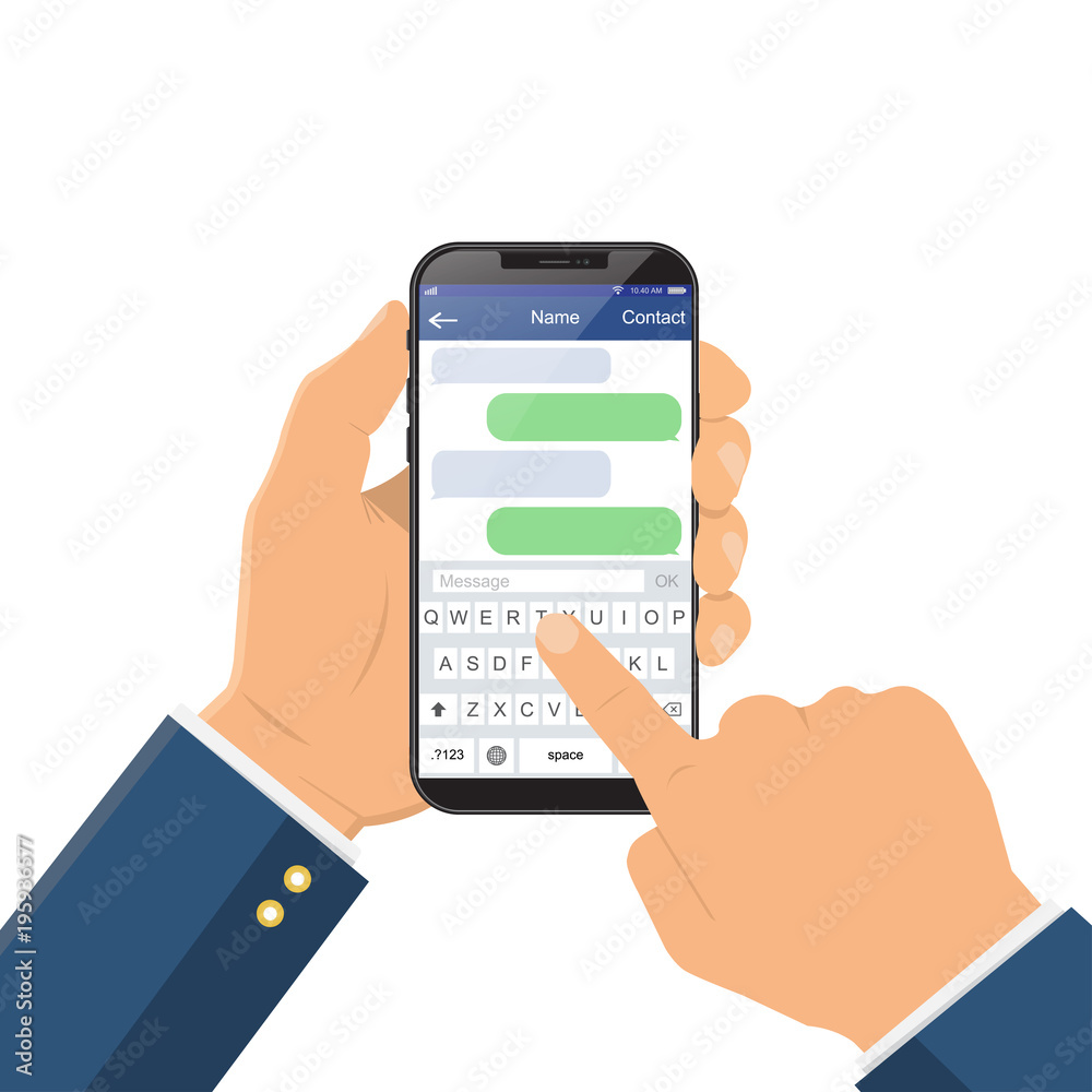 Chat message on the smartphone screen. Hand holds the smartphone, finger touches screen. The modern instant messaging concept for a web banner. Creative flat design vector illustration Chat message on the smartphone screen. Hand holds the smartphone, finger touches screen. The modern instant messaging concept for a web banner. Creative flat design vector illustration
