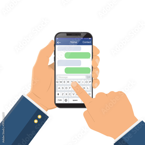 Chat message on the smartphone screen. Hand holds the smartphone, finger touches screen. The modern instant messaging concept for a web banner. Creative flat design vector illustration