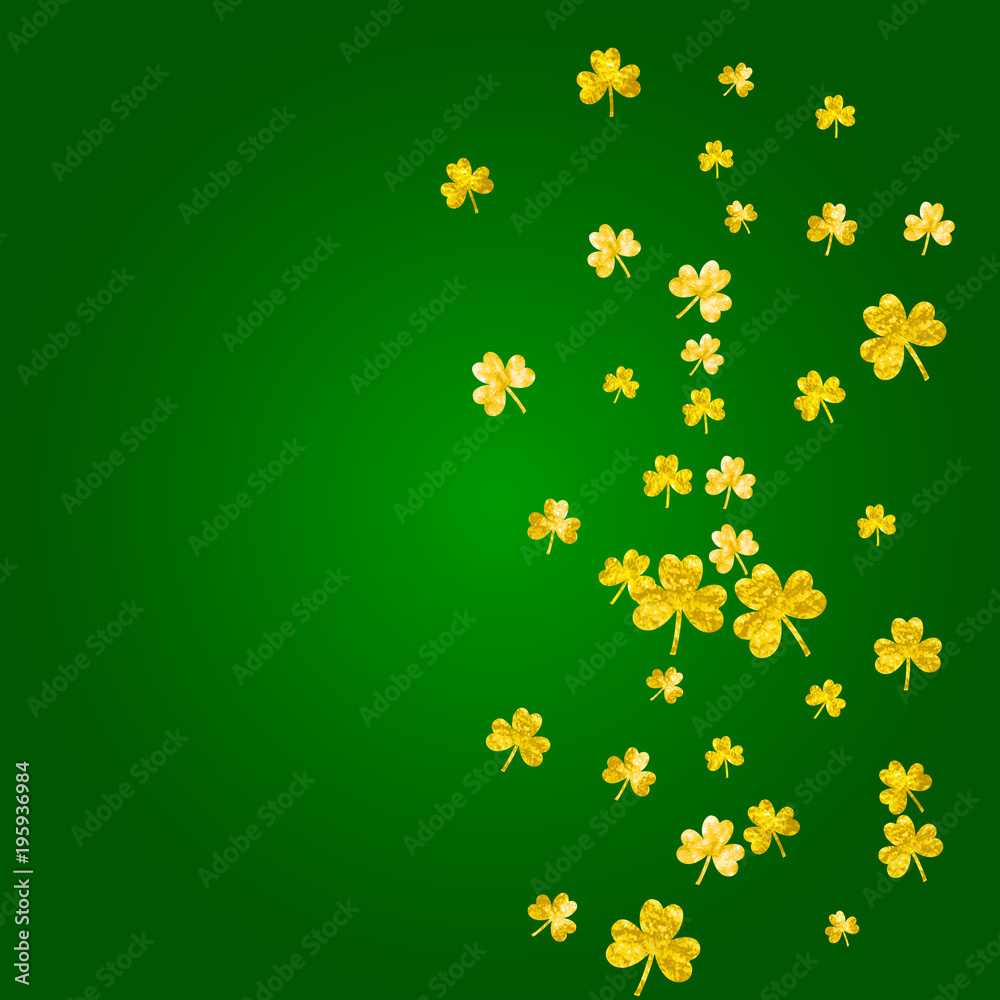 Saint patricks day background with shamrock. Lucky trefoil confetti. Glitter frame of clover leaves. Template for gift coupons, vouchers, ads, events. Dublin saint patricks day backdrop.