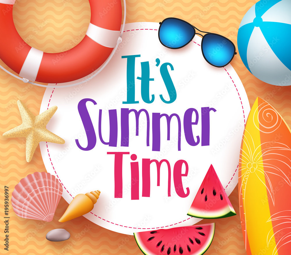 It's summer time vector banner design template with colorful beach elements  and white space for text and title in yellow pattern background for summer  season. Vector illustration. Stock Vector