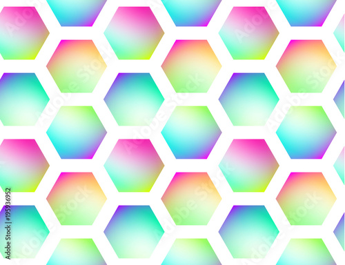 Holographic vector seamless background. Hexagones motif. Gradient shapes. Colorflul repeatable pattern with vivid neon colors and fluid effect.