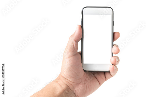  hand man hold mobile phone with white screen
