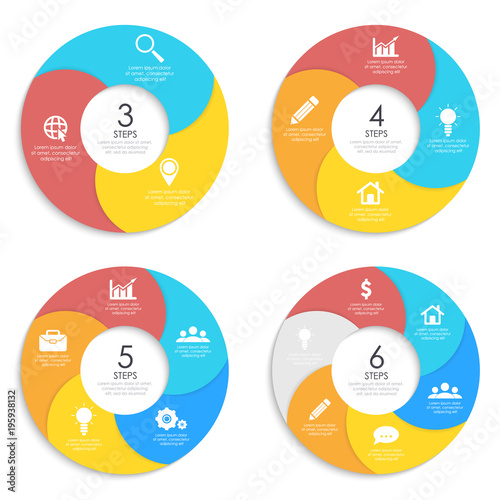 Set round spiral infographic template for circle diagram, options, web design, graph. Business concept with 3, 4, 5, 6 elements, step, option.