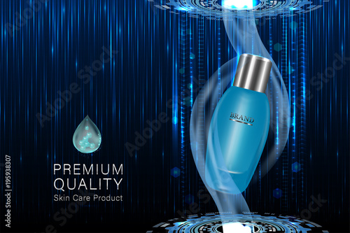 Blue cosmetic container with advertising background ready to use, technology concept skin care ad. illustration vector.