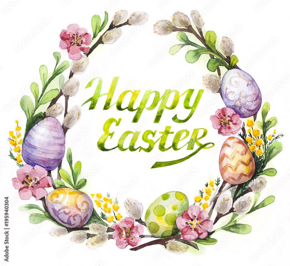 Obraz Wielkanocny wianek z Easter jajkami i kwiatami
