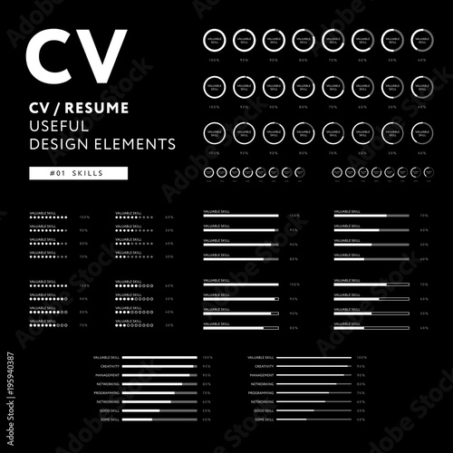 CV Resume design elements - Skills icons set - minimal iconography vector - black and white infographics