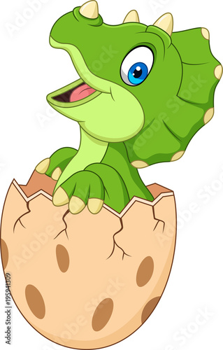 Cartoon baby triceratops hatching from egg 