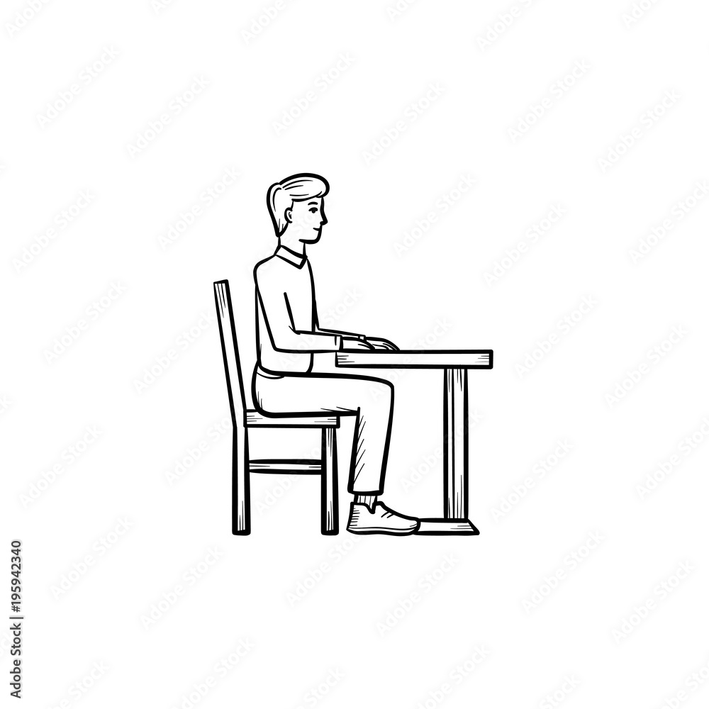 Student sitting on chair at the desk hand drawn outline doodle icon. Person sitting at the school desk vector sketch illustration for print, web, mobile and infographics isolated on white background. Student sitting on chair at the desk hand drawn outline doodle icon. Person sitting at the school desk vector sketch illustration for print, web, mobile and infographics isolated on white background.