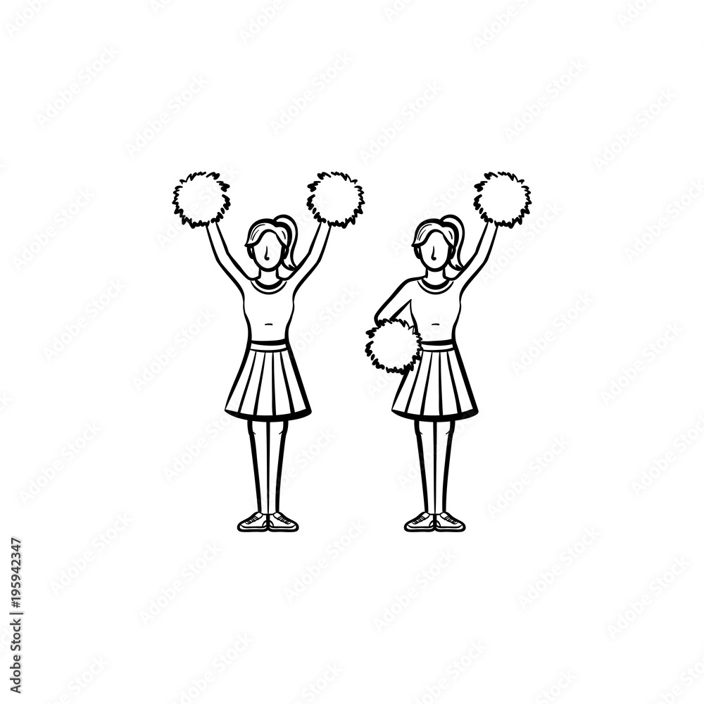 Cheerleader women with pom-pom hand drawn outline doodle icon. Girls cheer leaders vector sketch illustration for print, web, mobile and infographics isolated on white background. Cheerleader women with pom-pom hand drawn outline doodle icon. Girls cheer leaders vector sketch illustration for print, web, mobile and infographics isolated on white background.