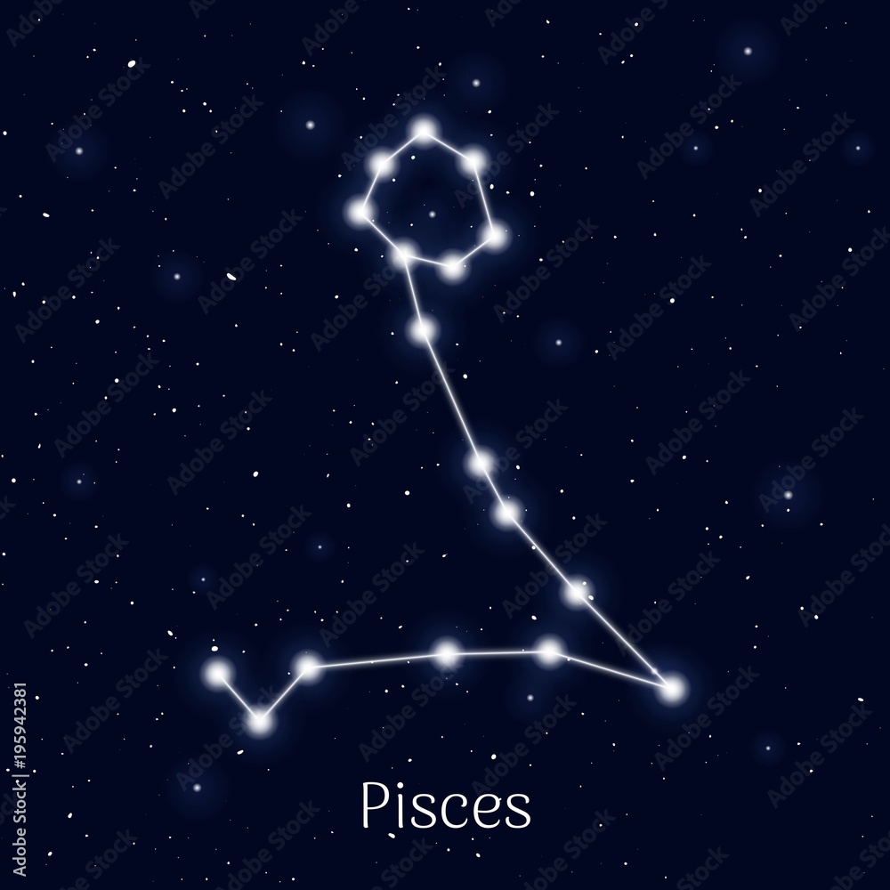 Sign zodiac pisces, night sky background, realistic. Astrological symbol of kindness, attentiveness and emotionality. Vector illustration of ancient sacral theme Sign zodiac pisces, night sky background, realistic. Astrological symbol of kindness, attentiveness and emotionality. Vector illustration of ancient sacral theme