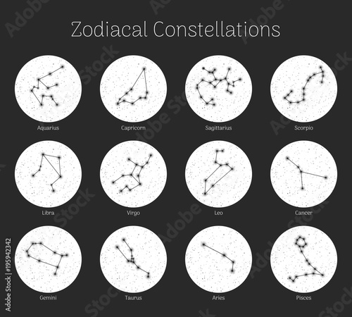 Set zodiacal constellations, round, white background, icon cartoon. Collection of horoscope symbols. Vector illustration of ancient magic images