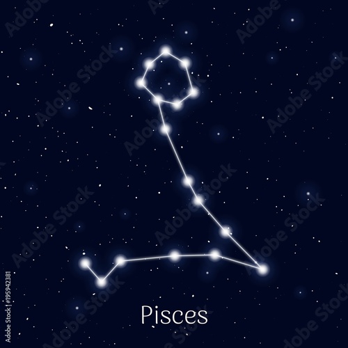 Sign zodiac pisces, night sky background, realistic. Astrological symbol of kindness, attentiveness and emotionality. Vector illustration of ancient sacral theme