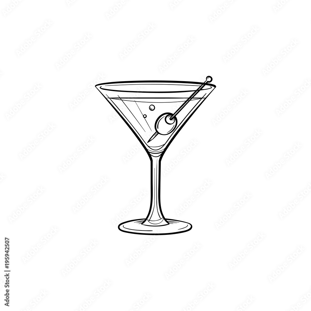Liquor hand drawn outline doodle icon. Vector sketch illustration of martini liquor with olive for print, web, mobile and infographics isolated on white background. Liquor hand drawn outline doodle icon. Vector sketch illustration of martini liquor with olive for print, web, mobile and infographics isolated on white background.