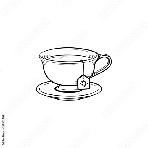 Cup with tea bag hand drawn outline doodle icon. Hot drink - tea cup vector sketch illustration for print, web, mobile and infographics isolated on white background.