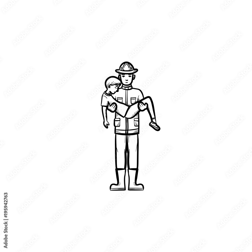 Strong fireman rescuing a person hand drawn outline doodle icon. Fireman rescuing a man vector sketch illustration for print, web, mobile and infographics isolated on white background.