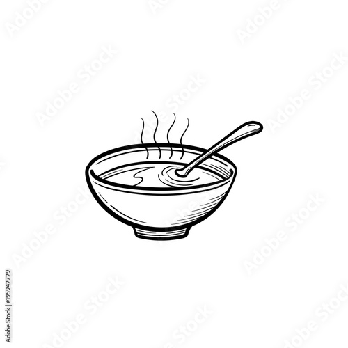 Bowl of hot soup hand drawn outline doodle icon. Miso soup vector sketch illustration for print, web, mobile and infographics isolated on white background.