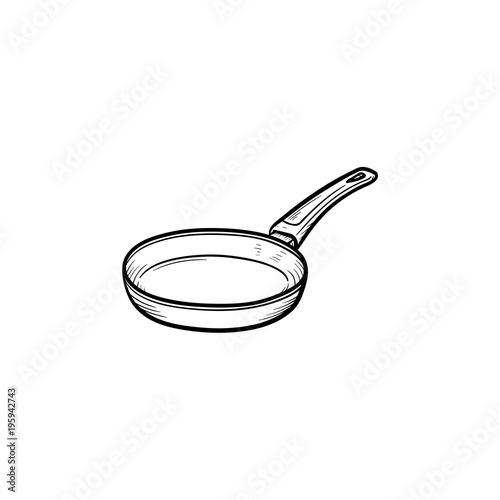 Frying pan hand drawn outline doodle icon. Pan for frying food on heat vector sketch illustration for print, web, mobile and infographics isolated on white background.