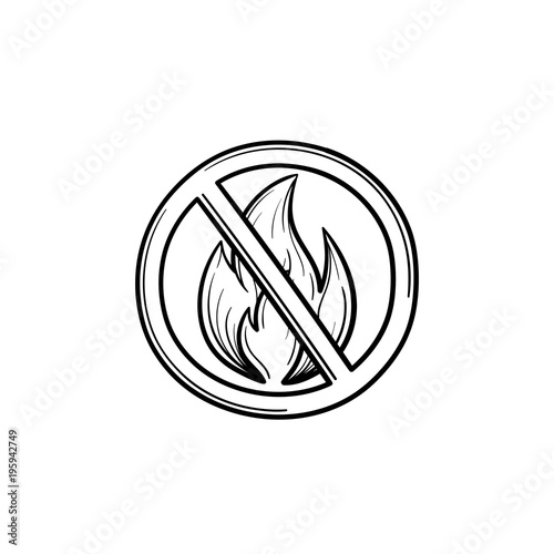 Bonfire prohibited sign hand drawn outline doodle icon. No bonfire sign vector sketch illustration for print, web, mobile and infographics isolated on white background.