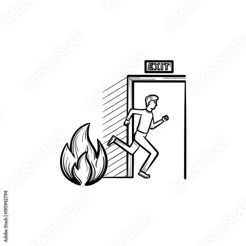 Evacuation exit hand drawn outline doodle icon. Man run away fire through evacuation exit vector sketch illustration for print, web, mobile and infographics isolated on white background.