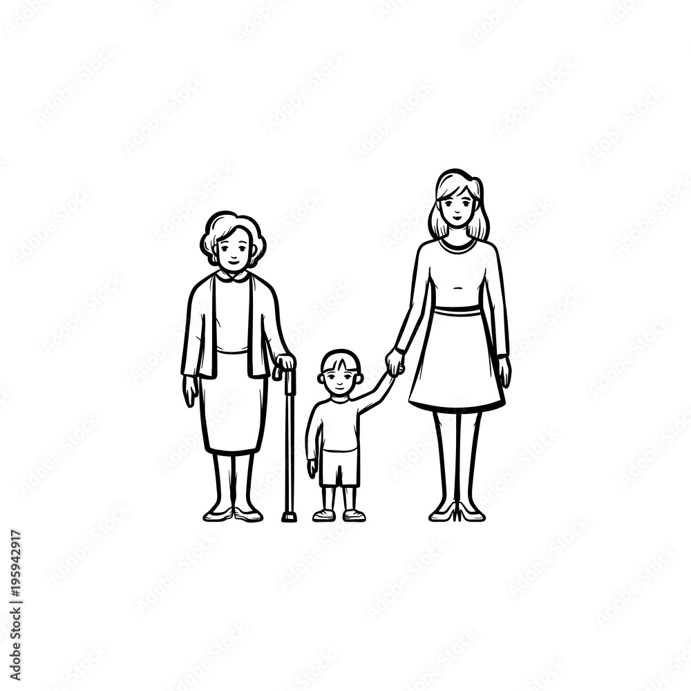 Family generation hand drawn outline doodle icon. Three generation of family - grandmother, mother and kid vector sketch illustration for print, mobile and infographics isolated on white background. Family generation hand drawn outline doodle icon. Three generation of family - grandmother, mother and kid vector sketch illustration for print, mobile and infographics isolated on white background.