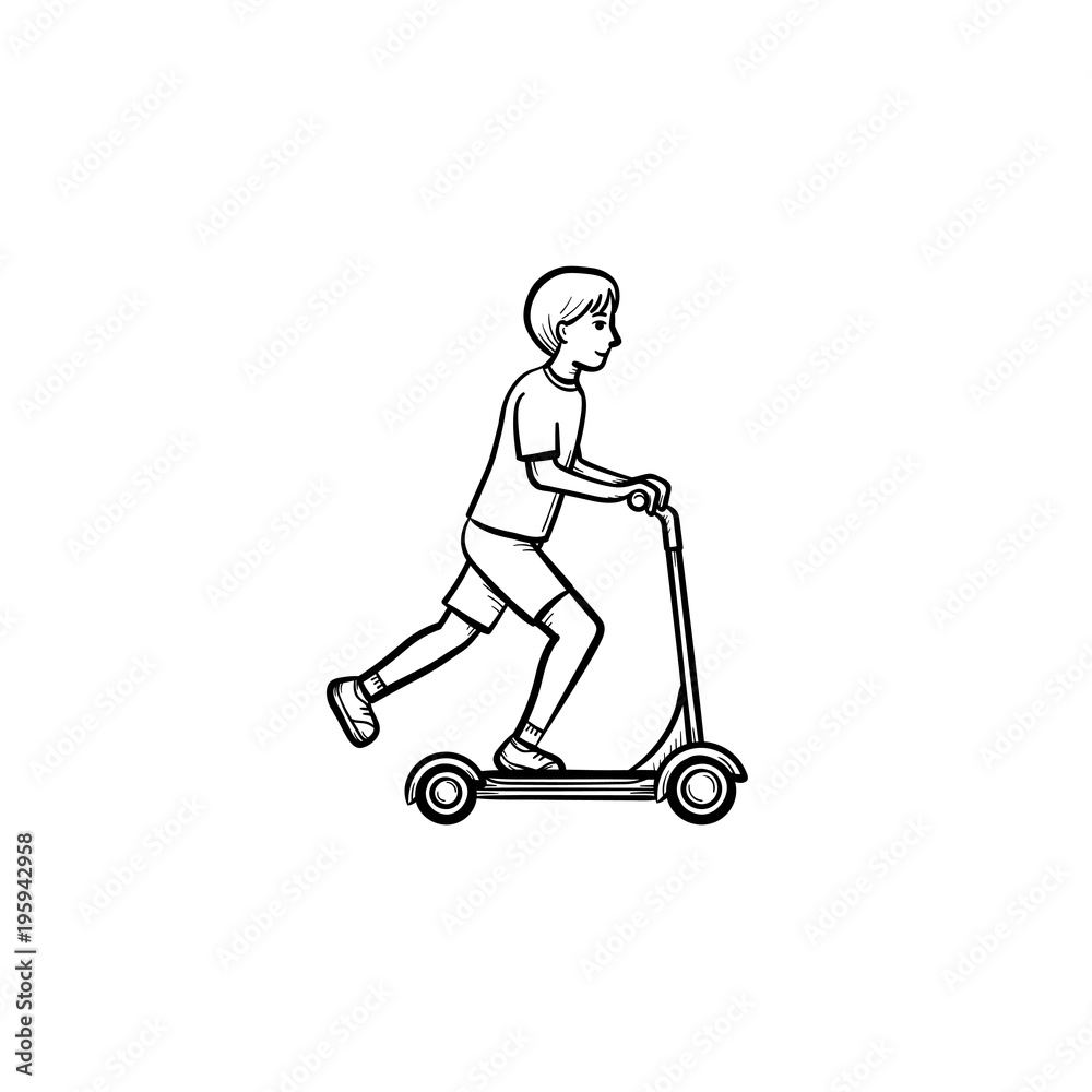 Boy riding a kick scooter hand drawn outline doodle icon. Teenage boy on a kick scooter vector sketch illustration for print, web, mobile and infographics isolated on white background.
