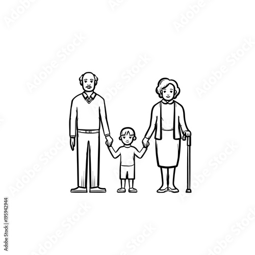 Grandparents and grandson hand drawn outline doodle icon. Happy family together - grandfather, grandmother and grandson holding hands vector sketch illustration for print, web, mobile and infographics