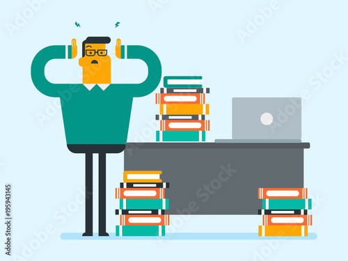 Young stressed caucasian student sitting at the table with a lot of books. Worried student studying before the exam with lots of books and clutching head. Vector cartoon illustration. Horizontal