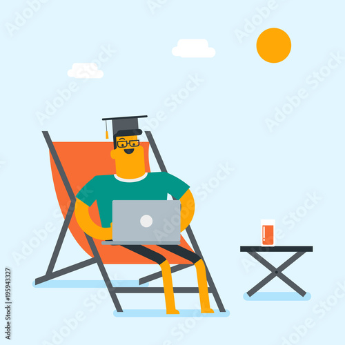 Caucasian graduate lying in chaise longue under beach umbrella. Young graduate in graduation cap working on a laptop on the beach. Online education concept. Vector cartoon illustration. Square layout.