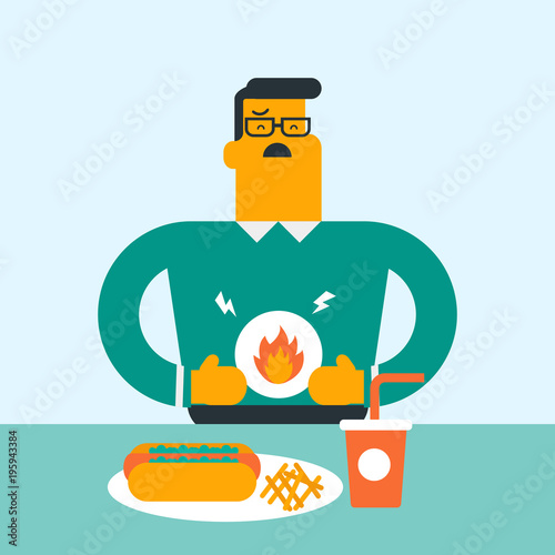 Caucasian sad man standing near the table with fast food and having a stomach ache from heartburn. Young man suffering from a heartburn after fast food. Vector cartoon illustration. Square layout.