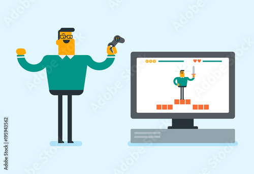 Young happy caucasian man sitting on the couch and playing video game on the TV set. Excited man with console in hands playing video game at home. Vector cartoon illustration. Horizontal layout.