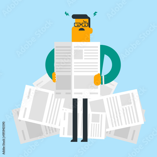 Young caucasian desperate business man clutching her head while standing in the heap of papers