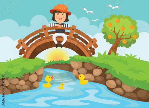 Illustration of a girl sitting on wooden bridge in nature landscape