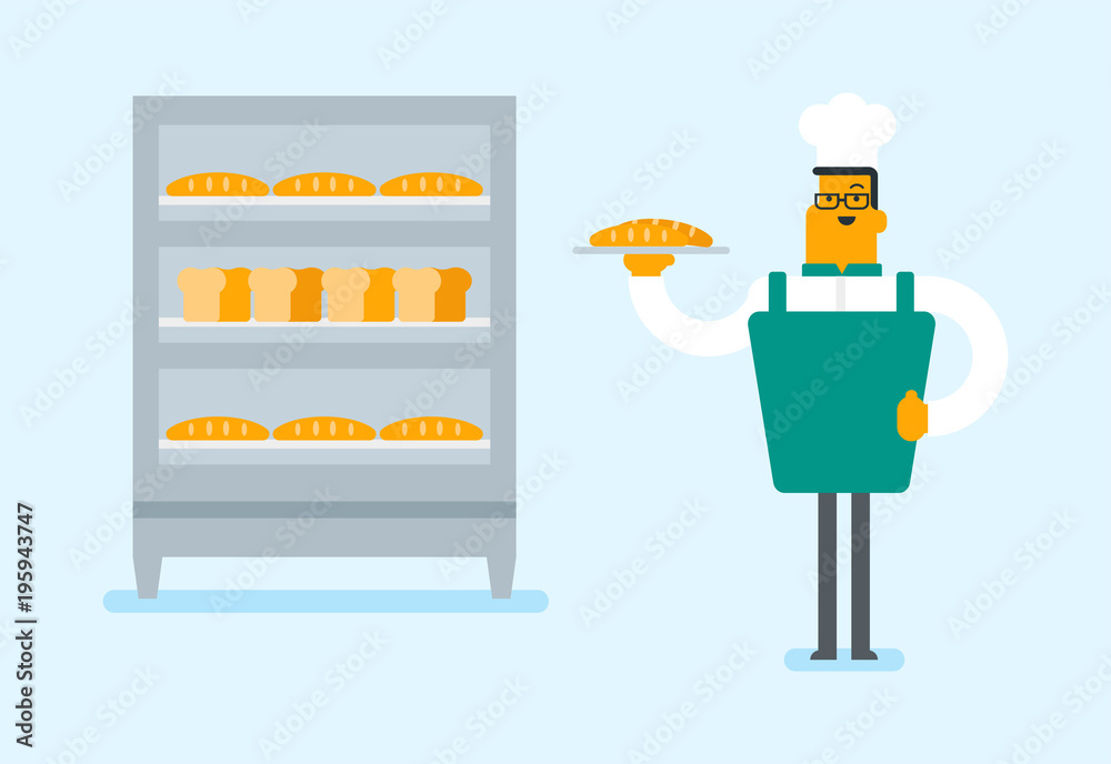 Young caucasian white baker in chef hat holding a tray with bread in the bakery Young caucasian white baker in chef hat holding a tray with bread in the bakery