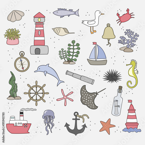 Cute sea objects collection. Vector illustration.