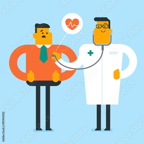 Young caucasian white doctor listening to the heart of a patient with a stethoscope. Patient visiting a doctor in the hospital to check his heartbeat. Vector cartoon illustration. Square layout.