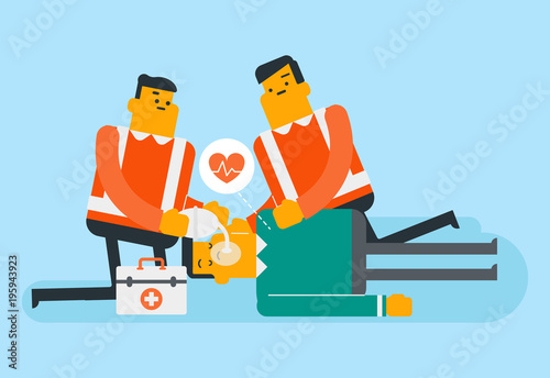 Caucasian white paramedics doing cardiopulmonary resuscitation of a patient