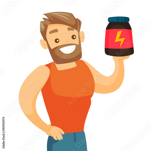 Caucasian white sportsman holding a jar with protein. Young muscular bodybuilder with protein jar. Bodybuilding and sports nutrition concept. Vector cartoon illustration isolated on white background.
