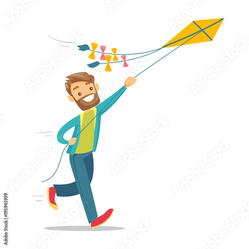 Young caucasian white man flying a colourful kite. Cheerful hipster person with beard running and playing with a kite. Vector cartoon illustration isolated on white background. Square layout.