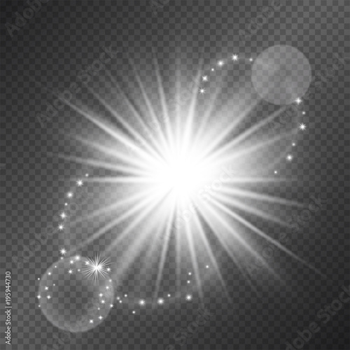 Vector light effect, star soffit, projector rays with shining halo lens flare. Decorative glitter sparkles on the sides.