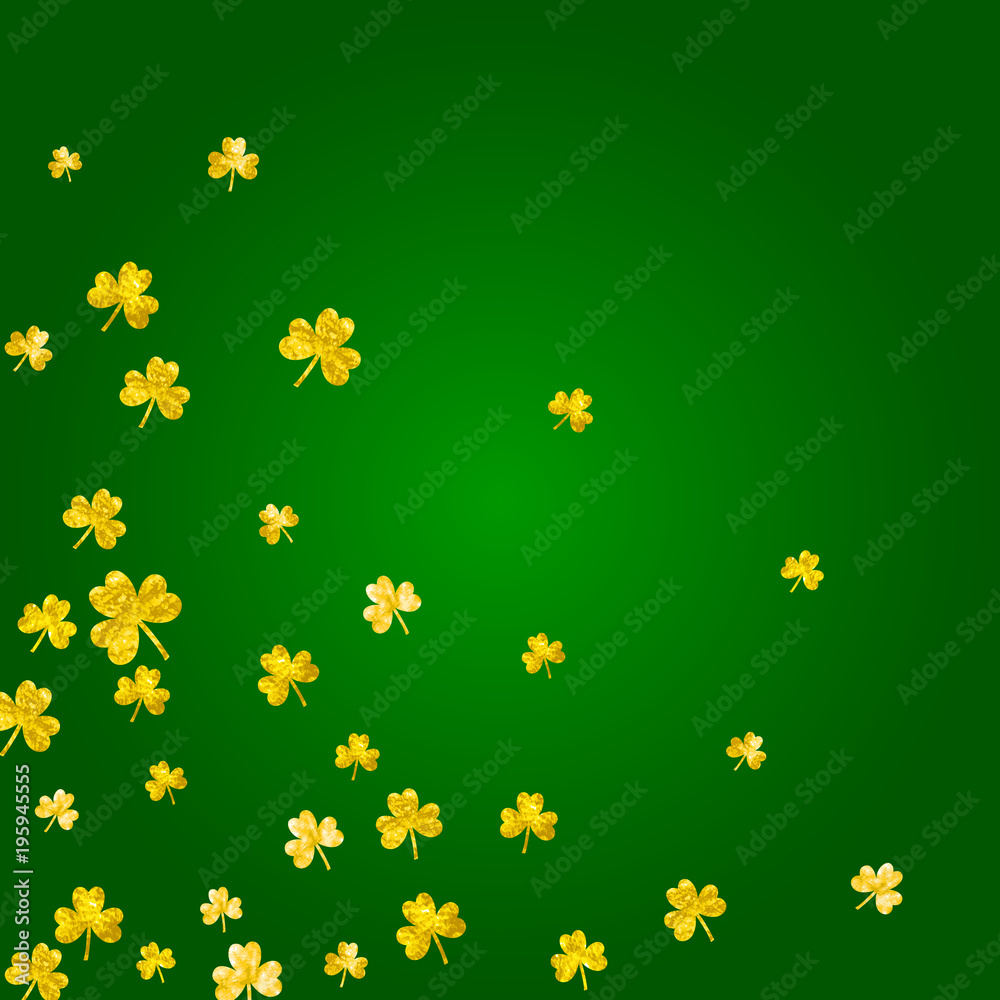Clover background for Saint Patricks Day. Lucky trefoil confetti. Glitter frame of shamrock leaves. Template for party invite, retail offer and ad. Festive clover background.