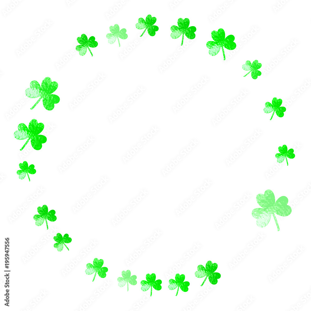 Saint patricks day background with shamrock. Lucky trefoil confetti. Glitter frame of clover leaves. Template for poster, gift certificate, banner. Festal saint patricks day backdrop.